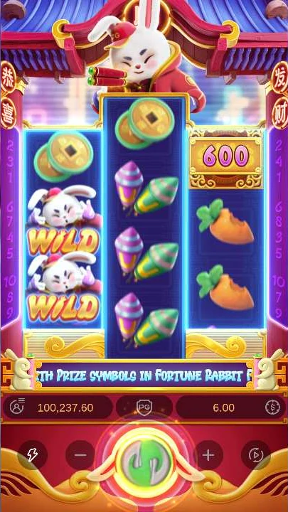 Fortune Rabbit base game: two Wild symbols and a 600x prize tile, balance $100,237.60 at $6.00