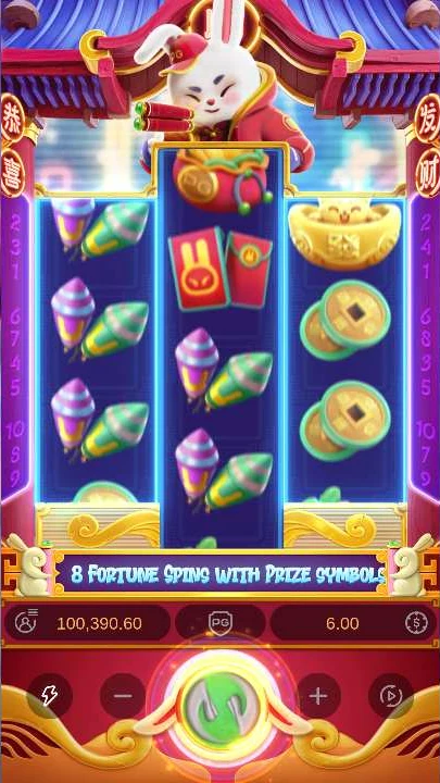 Fortune Rabbit base game with the 8 Fortune Spins award banner, balance $100,390.60 at $6.00