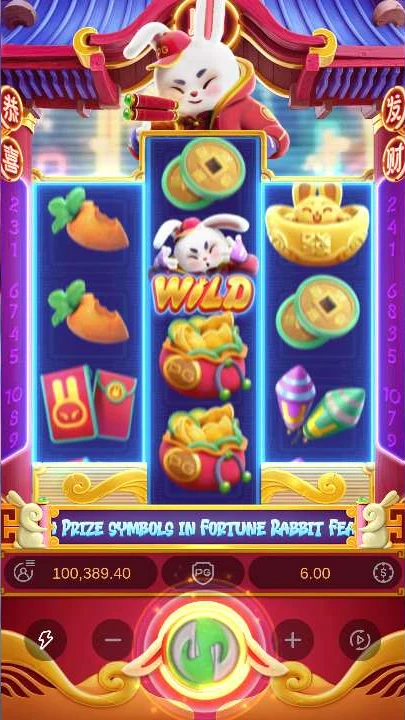 Fortune Rabbit base game with a Wild symbol, balance $100,389.40 at $6.00